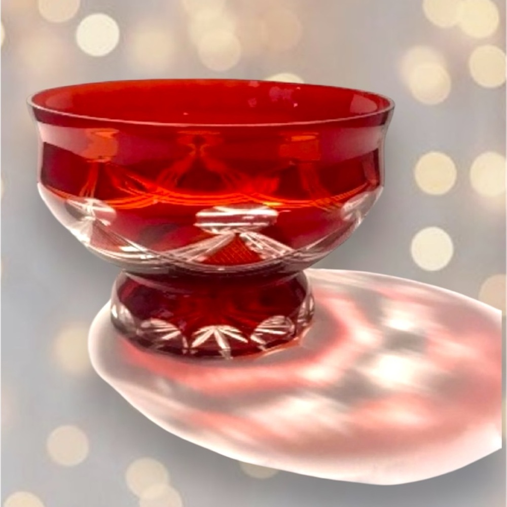 Vintage Cut To Clear Red Crystal Bowl 8"